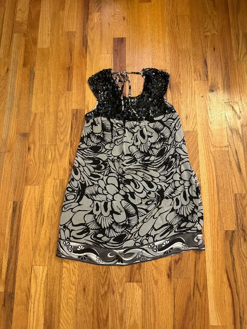 Marciano XS 100% Silk Black White Floral Sequin Halter Dress Y2K Party